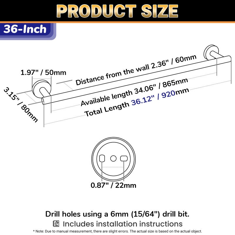Miyili Matte Black 36" Towel Bar SUS 304 Stainless Steel Towel Holder for Bathroom or Kitchen Wall Mount, A01B90A - Image 2